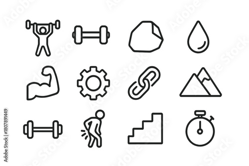 Physical Effort Icons. Physical Effort. Line icon set of Physical Effort: person lifting weight, dumbbell, rock, sweat drop, arm muscle, gear, chain, mountain,