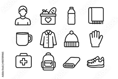 Street Aid Icons. Street aid. Line icon set of street aid: volunteer, food box, water bottle, blanket, cup, coat, hat, gloves, first aid kit, backpack, mat,