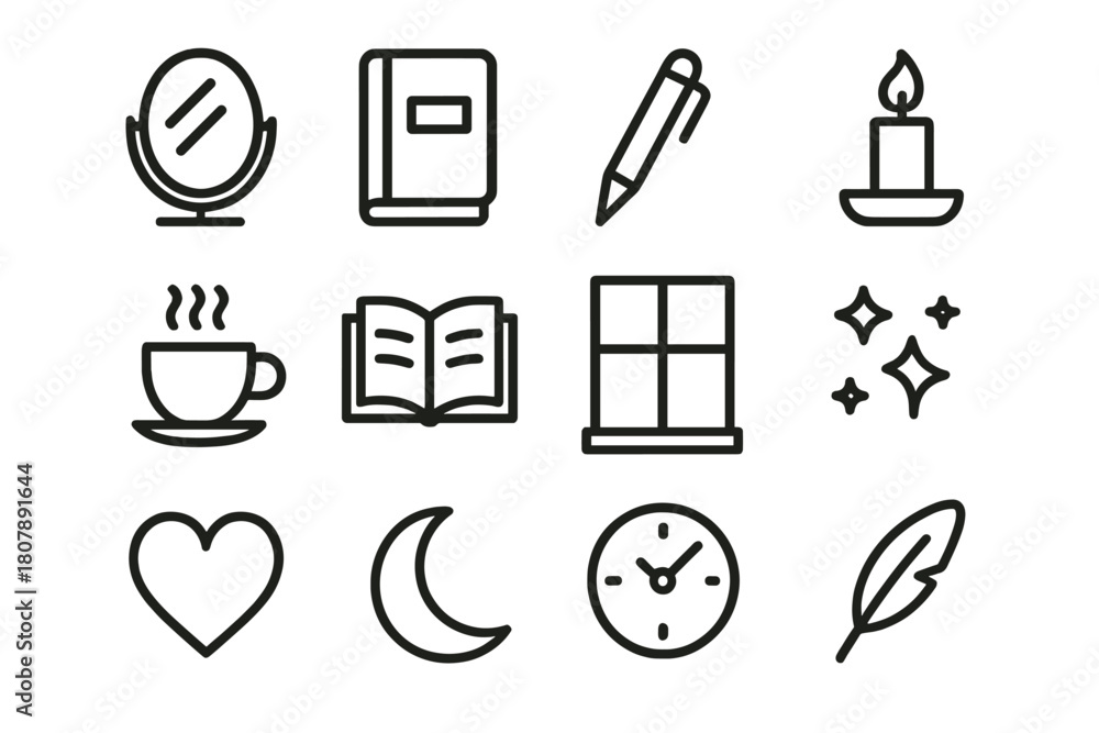 Fototapeta premium Personal Reflection Icons. Personal reflection. Line icon set of personal reflection: mirror, notebook, pen, candle, cup of tea, open book, window, stars,