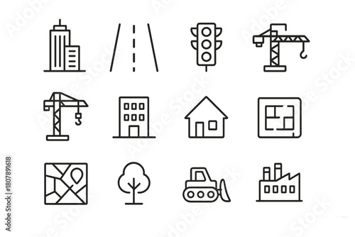 Smart City Icons. Smart city planning. Line icon set of Smart city planning: skyscraper, road, traffic light, bridge, construction crane, apartment building,