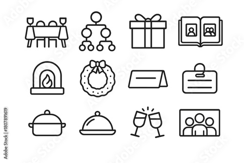 Family Reunion Icons. Family reunion holiday gatherings. Line icon set of family reunion holiday gatherings: dining table, family tree, gift box, photo album,