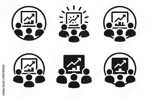 Business Planning Icons. A business team using a whiteboard for planning a new project. Icon set. Set Logo of business planning: whiteboard with progress bars