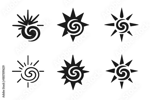 Big Bang Logos. big bang. Icon set. Set Logo of big bang: radiant energy sphere. harmonious logo variations of the same emblematic concept, each with different