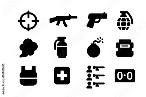 FPS Arena Icons. FPS Arena. Solid icon set of FPS Arena: crosshair, rifle, pistol, grenade, smoke, flashbang, bomb, defuse kit, armor vest, health pack, kill
