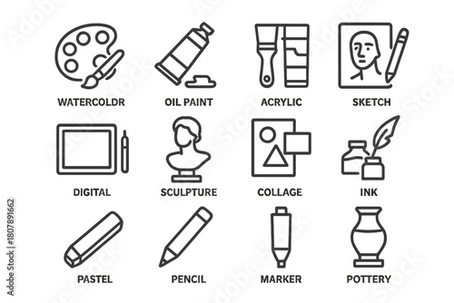 Art Style Line Icons. Art styles. Line icon set of art styles: watercolor, oil paint, acrylic, sketch, digital, sculpture, collage, ink, pastel, pencil,