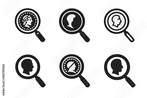 Antique Coin Logos. Starting a Collection of Antique Coins. Icon set. Set Logo of Antique Coin Collecting: treasure chest of coins. harmonious logo variations