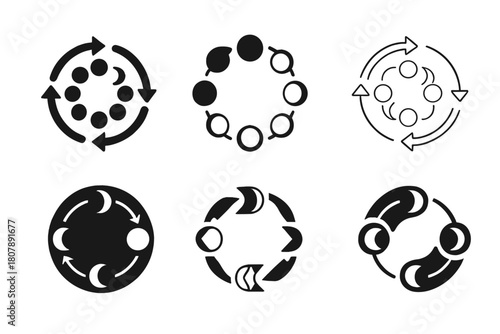 Moon Phases Icons. Moon phases. Icon set. Set Logo of moon phases: telescope viewing path trailing through phases. harmonious logo variations of the same