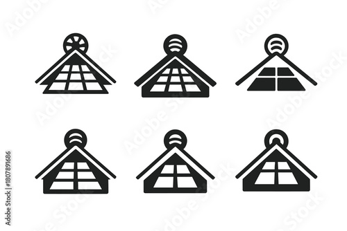 Solar Roofing Logos. Solar roofing systems. Icon set. Set Logo of solar roofing systems: roof ridge with integrated solar ventilator. harmonious logo