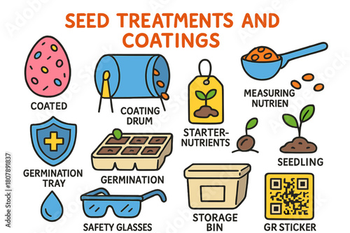 Seed Treatment Doodles. Seed treatments and coatings. Colorful Hand-drawn doodle Children illustration Seed treatments and coatings colored seed, coating drum,