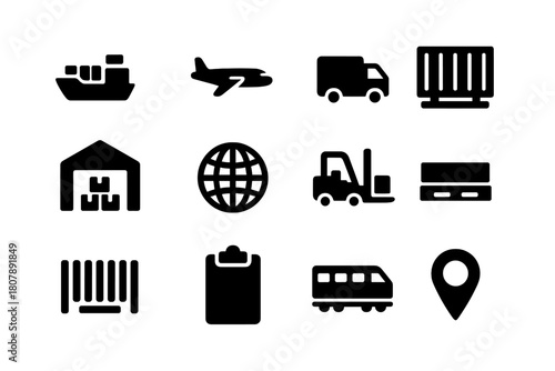 Logistics Icon Set. Logistics Network. Solid icon set of Logistics Network: cargo ship, airplane, delivery truck, shipping container, warehouse, globe,