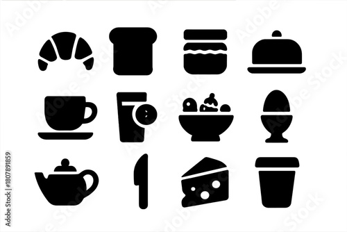 Continental Breakfast Icons. Continental breakfast. Solid icon set of continental breakfast: croissant, toast, jam jar, butter dish, coffee cup, juice glass,