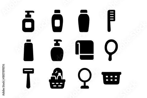 Personal Care Icons. Personal Care. Solid icon set of Personal Care: lotion, shampoo bottle, conditioner bottle, toothbrush, toothpaste, soap dispenser, towel,