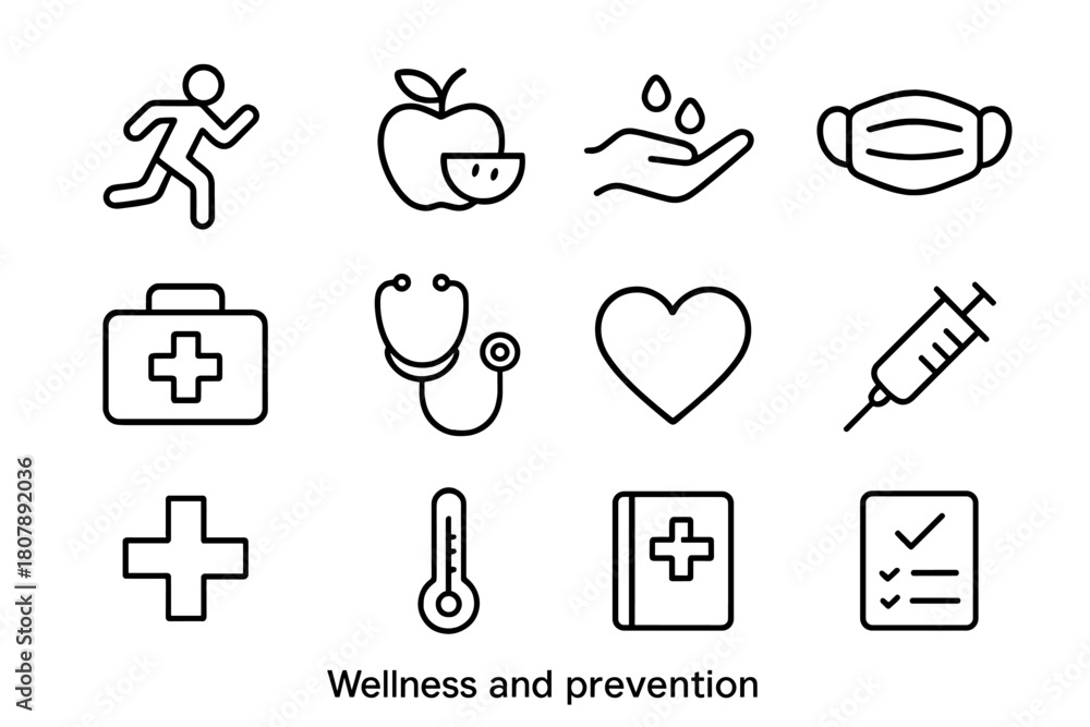 Fototapeta premium Wellness Line Icons. Wellness and prevention. Line icon set of Wellness and prevention: exercise figure, nutrition icon, hand washing, face mask, first aid