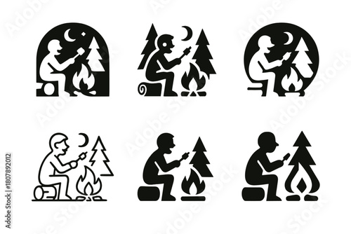 Campfire Logo Variations. A person sitting by a campfire in the woods, roasting marshmallows and telling stories. Icon set. Set Logo of A person sitting by a