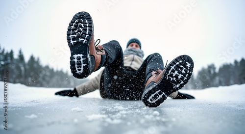 A person slipping and falling on a slippery frozen ice surface in winter. Low angle view with focus on the boot soles during the accident. Danger and safety concept