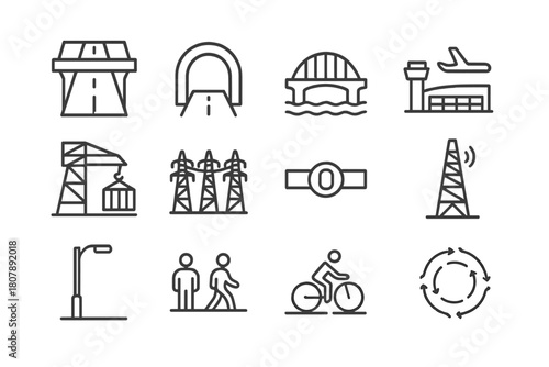 Infrastructure Expansion Icons. Infrastructure expansion. Line icon set of infrastructure expansion: highway overpass, tunnel bore, bridge, airport terminal,
