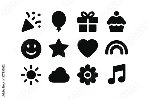 Celebration Icons. Group joy. Line icon set of group joy: people group, smile, heart, music note, dancing couple, clinking glasses, fireworks, confetti, cake,