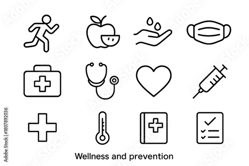 Wellness Line Icons. Wellness and prevention. Line icon set of Wellness and prevention: exercise figure, nutrition icon, hand washing, face mask, first aid