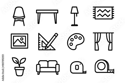 Interior Design Icons. Interior Design. Line icon set of Interior Design: chair, table, lamp, rug, wall frame, ruler, pencil, paint palette, curtain, plant,