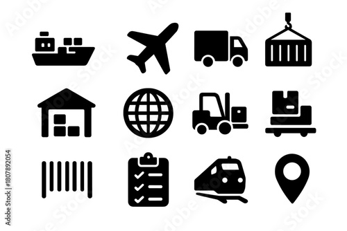 Logistics Icon Set. Logistics Network. Solid icon set of Logistics Network: cargo ship, airplane, delivery truck, shipping container, warehouse, globe,