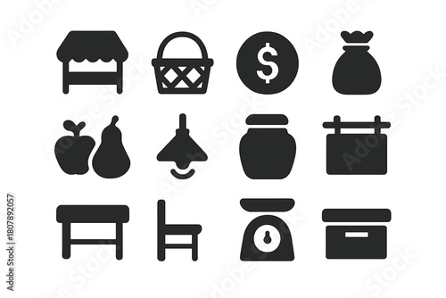 Market Icon Set. Market stalls. Solid icon set of market stalls: tent, basket, coin, bag, fruit, lamp, jar, signboard, table, chair, scale, box. Filled icons