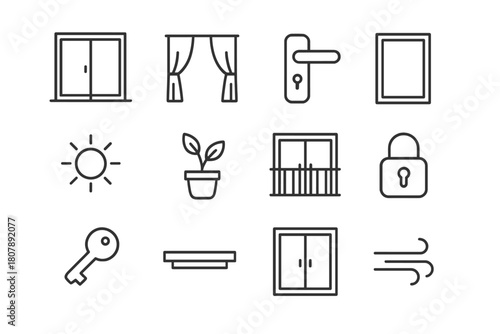 Patio Doors Icons. Patio doors. Line icon set of patio doors: sliding glass door, curtain, handle, frame, sun, plant pot, balcony, lock, key, door track,