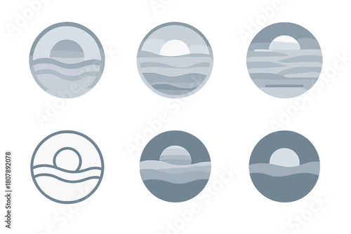 Misty Logo Variations. Early morning mist. Icon set. Set Logo of early morning mist: peaceful fog horizon. harmonious logo variations of the same emblematic