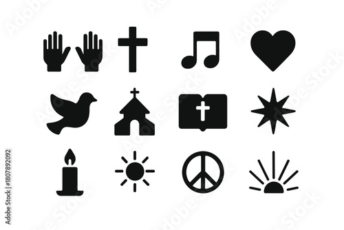 Worship Icon Set. Worship and praise. Solid icon set of worship and praise: raised hands, cross, music note, heart, dove, church, bible, star, candle, sun,
