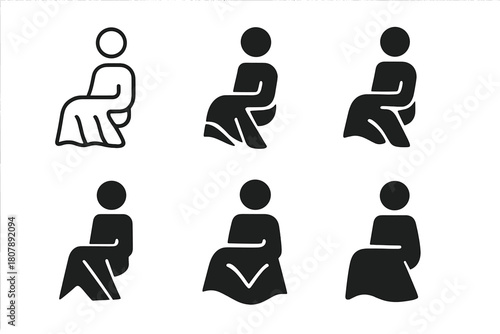 Cozy Blanket Icons. Blanket over knees. Icon set. Set Logo of blanket over knees: minimal line figure with fabric folds. harmonious logo variations of the same