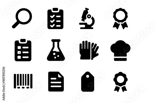 Food Safety Icons. Food inspection. Solid icon set of food inspection: magnifying glass, checklist, microscope, badge, clipboard, lab flask, gloves, hat,