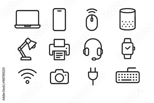 Smart Office Icons. Smart office. Line icon set of smart office: laptop, printer, smart speaker, Wi-Fi router, light bulb, plug, clock, phone, cloud, chart,
