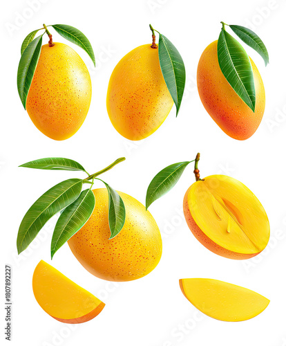 Mangoes whole and sliced, vibrant yellow, lush green leaves