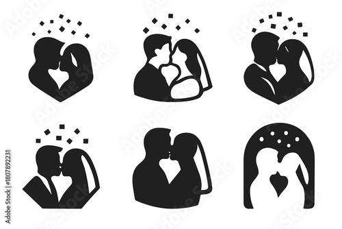 Wedding Kiss Icons. Wedding Kiss Under Confetti. Icon set. Set Logo of Wedding Kiss: confetti heart explosion over couple. harmonious logo variations of the