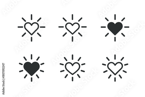 Heart Icon Variations. Love. Icon set. Set Logo of Love: heart with radiating lines representing warmth. harmonious logo variations of the same emblematic
