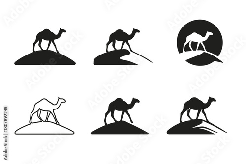 Camel Logo Variations. Shifting Sands. Icon set. Set Logo of Shifting Sands: lone camel silhouette walking along a dune ridge. harmonious logo variations of