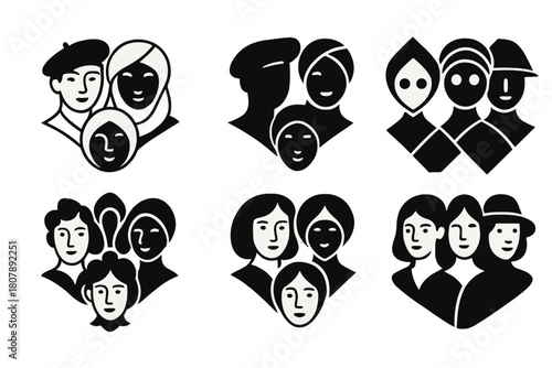 Diverse Fashion Icons. Diversity in fashion. Icon set. Set Logo of diversity in fashion: global fashion motif with cultural patterns. harmonious logo