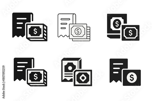 Expense Tracking Icons. Tracking monthly expenses. Icon set. Set Logo of tracking monthly expenses: line graph with trend arrow and currency dot markers.