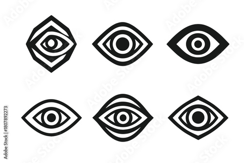 Deep Eye Logos. Deep. Icon set. Set Logo of deep: stylized eye with expanding depth rings. harmonious logo variations of the same emblematic concept, each with