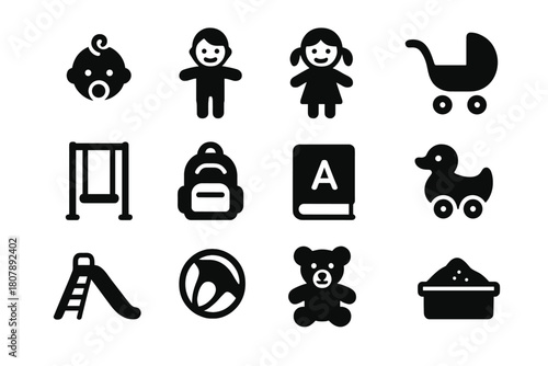 Family Icons Grid. Family Time. Solid icon set of Family Time: baby, boy, girl, stroller, swing, backpack, school book, toy, slide, ball, teddy bear, sandbox.