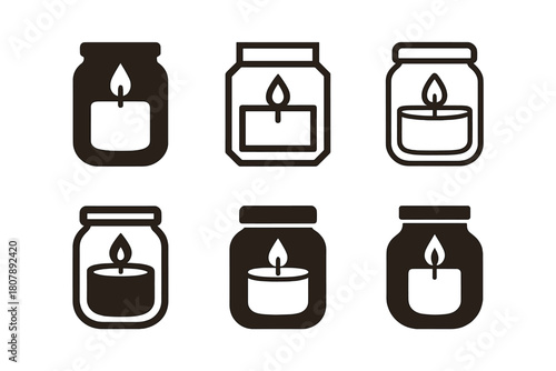 Candle Light Logos. Candle light. Icon set. Set Logo of candle light: scented candle jar. harmonious logo variations of the same emblematic concept, each with
