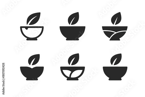 Eco Packaging Icons. Edible packaging innovations. Icon set. Set Logo of edible packaging innovations: bowl with leaf lid indicating eco consumption.