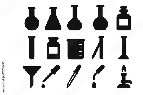 Experiment Flask Icons. Experiment Flasks. Solid icon set of Experiment Flasks: round-bottom flask, Erlenmeyer flask, volumetric flask, Florence flask, test