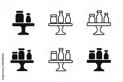 Minimalist Product Display. Product table display. Icon set. Set Logo of product table display: minimalist stand showing jars and bottles. harmonious logo