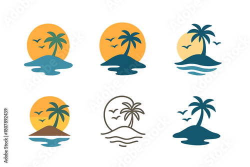 Tropical Island Logos. Island. Icon set. Set Logo of Island: tropical island with palm tree. harmonious logo variations of the same emblematic concept, each