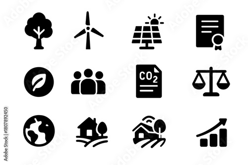 Carbon Offset Icons. Carbon offset projects. Solid icon set of Carbon offset projects: tree planting, renewable energy, wind turbine, solar panel, verified