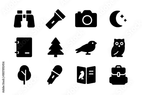 Night Birdwatching Icons. Birdwatching at night. Solid icon set of Birdwatching at night: binoculars, flashlight, camera, tripod, notebook, tree silhouette,