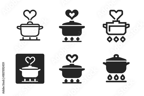 Home Cooking Logos. Home cooking. Icon set. Set Logo of home cooking: cutting board with knife and vegetables. harmonious logo variations of the same
