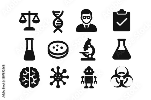 Bioethics Icon Set. Bioethics. Solid icon set of Bioethics: ethical scale, DNA strand, scientist, clipboard, test tube, petri dish, microscope, lab flask,