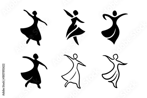 Motion Model Logos. model in motion. Icon set. Set Logo of model in motion: elegant figure turning in motion. harmonious logo variations of the same emblematic