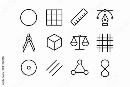 Core Design Icon Set. Core Design. Line icon set of Core Design: geometric circle, grid, ruler, pen tool, compass, cube, balance, pattern, dot center, lines,